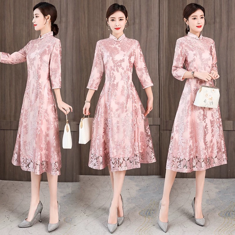 Ao Dai Vietnam Dress - Gaun Renda Pernikahan Malam Perjamuan Oriental