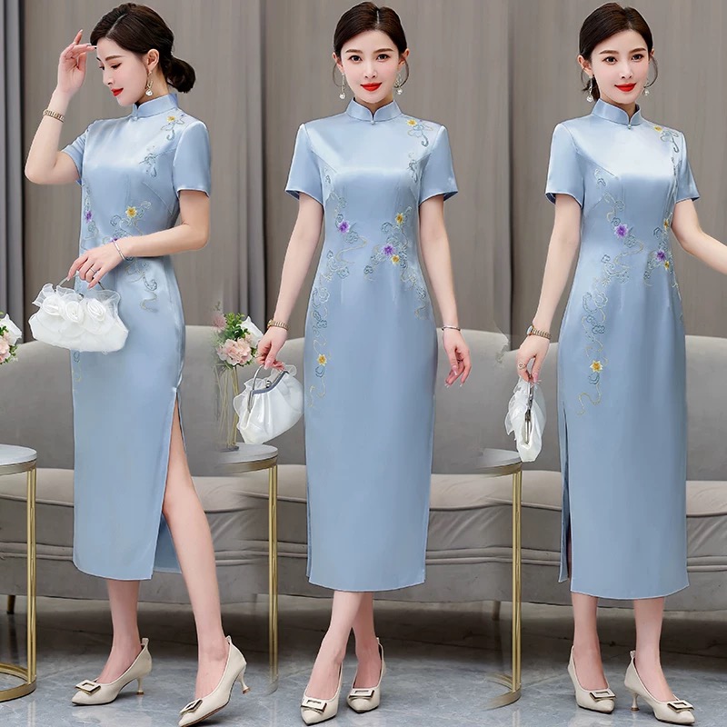 Ao Dai Vietnam Dress - Gaun Pesta Perjamuan Pernikahan Bordir Bunga