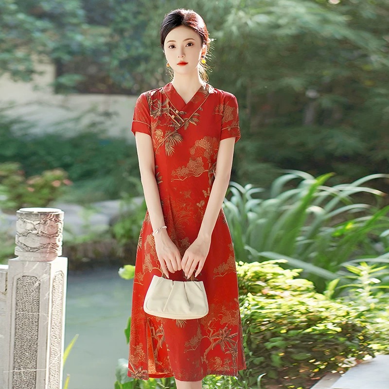 Ao Dai Vietnam Dress - Vietnam Aodai Cheongsam Vintage Bunga Dicetak