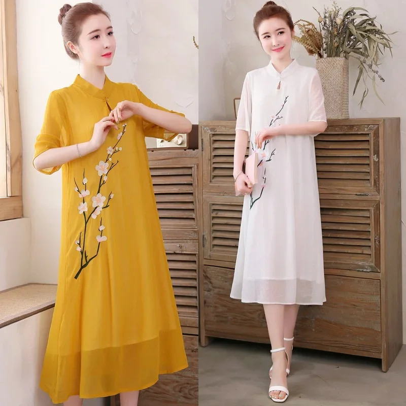 Ao Dai Vietnam Dress - Gaun Qipao Cheongsam Tradisional Cina Putih,